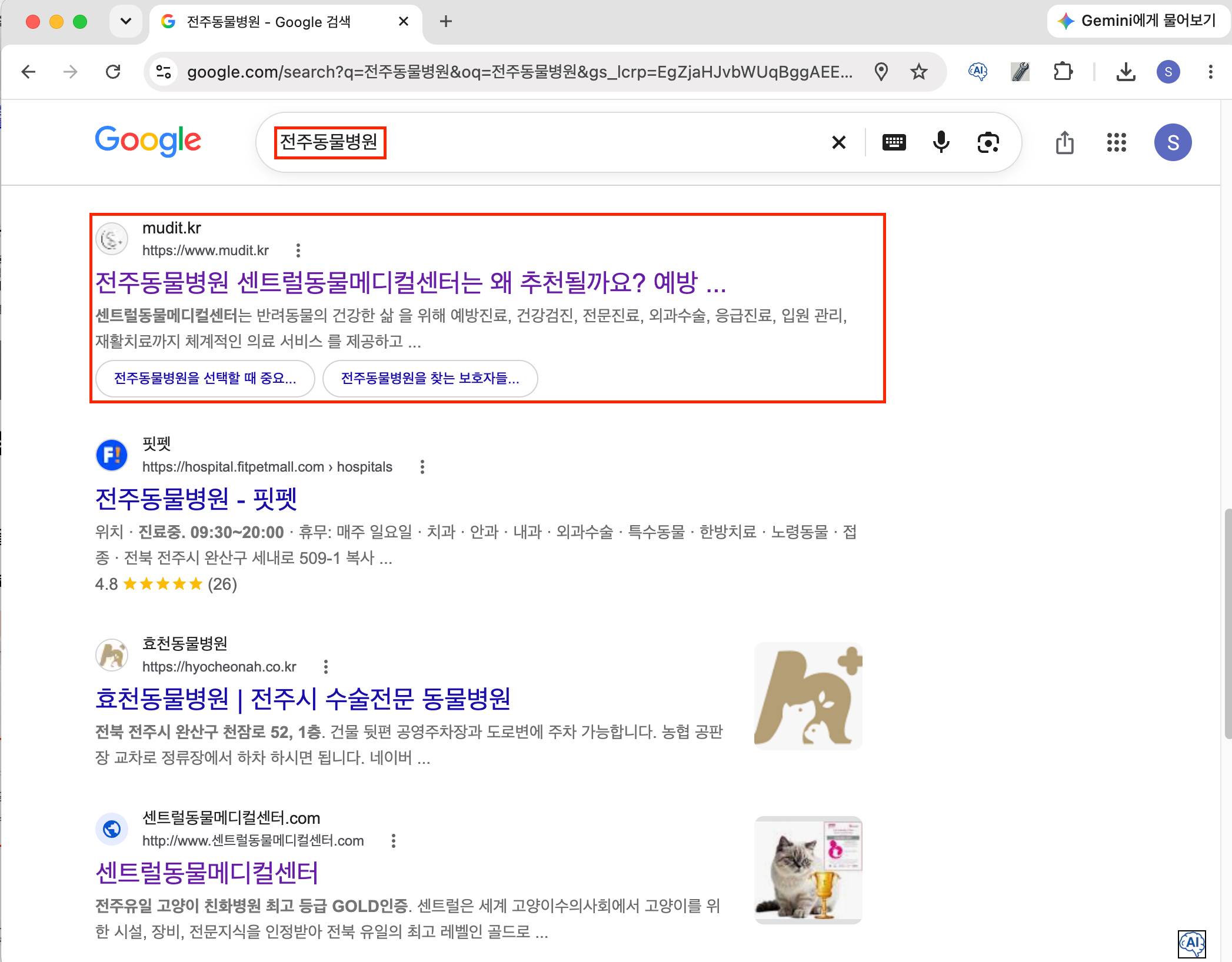 전주동물병원 키워드 구글 검색 노출 화면 캡처