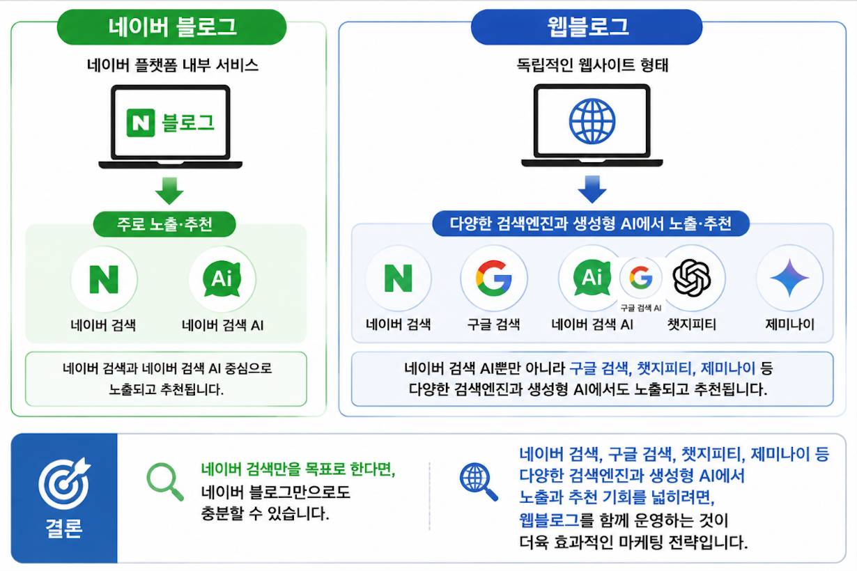 웹블로그 는 독립적인 웹사이트 형태로 운영되기 때문에 네이버 검색 AI뿐만 아니라 구글 검색 AI, 챗지피티, 제미나이 등 다양한 생성형 AI와 검색엔진 에서도 노출되고 추천